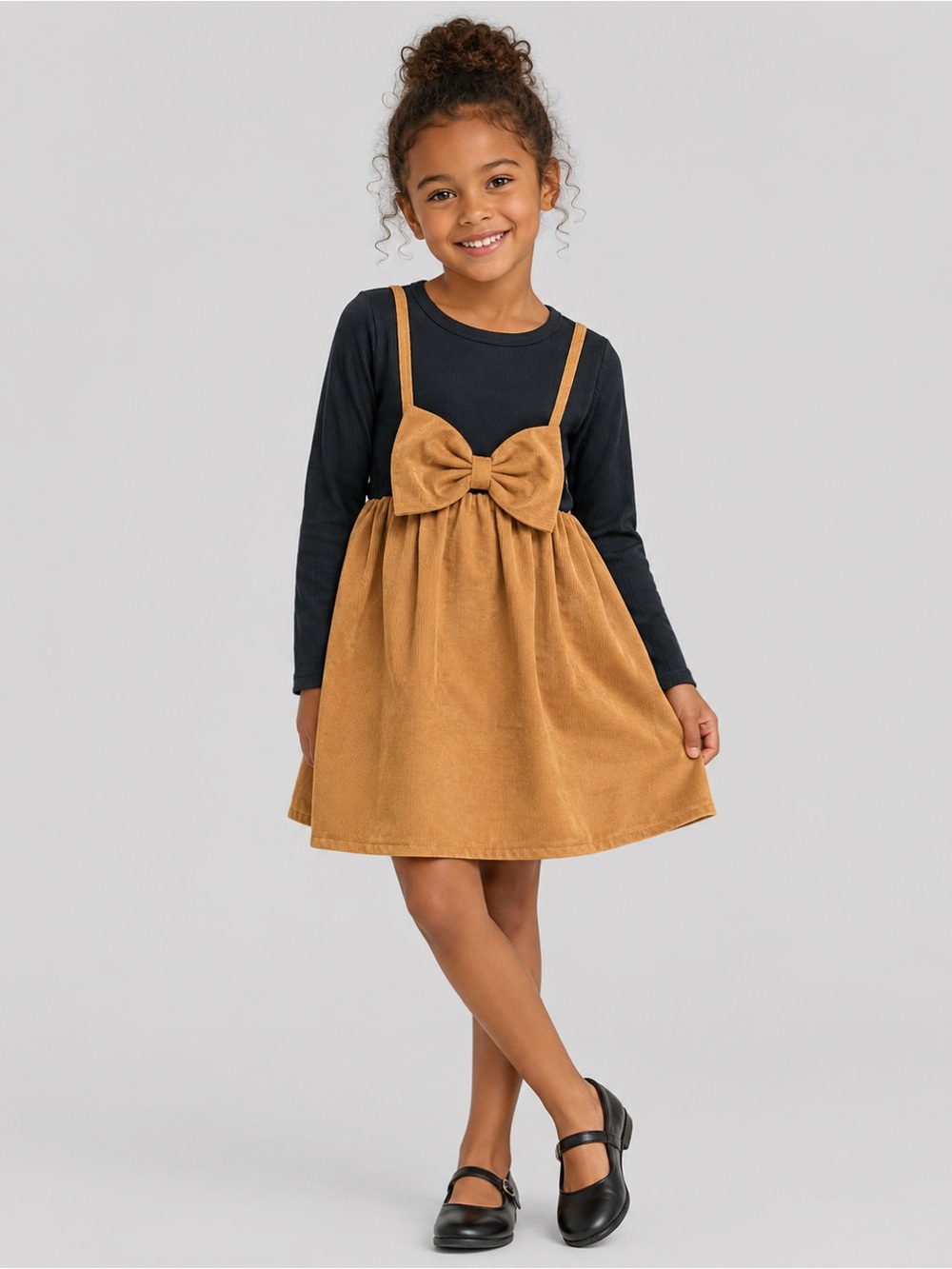 Girls Tan Corduroy Bow Pinafore Dress Kids Size 130cm US Size 8 Age 7 - 8 yrs